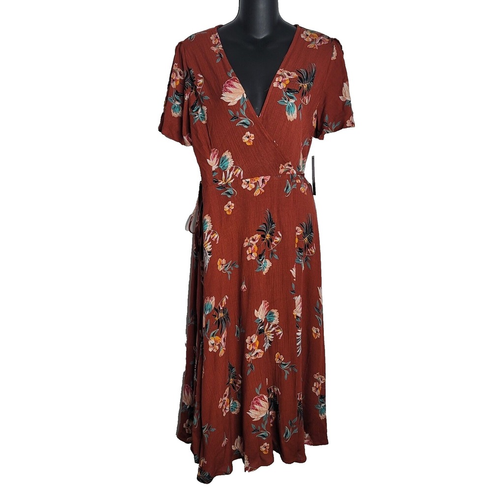 Lulus Women Dress Small Floral Print Rust True Wrap Tie Maxi Flutter Sleeves NEW